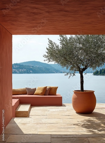 Outdoor patio overlooking a serene lake.  Terracotta tones