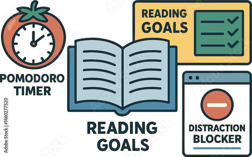 Vector illustration of productivity-enhancing reading method with Pomodoro timer, reading goals, and distraction blocker UI
