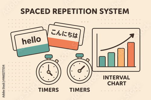 Vector illustration of spaced repetition system (SRS) in language learning with word decks, timers, and interval charts