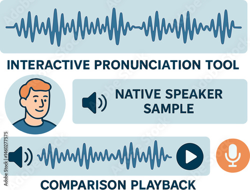 Interactive pronunciation tool — Vector illustration of waveform display, native speaker sample, and comparison playback