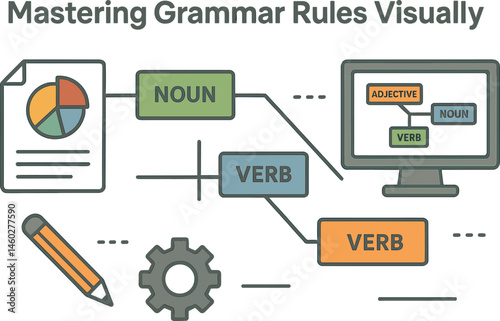 Mastering grammar rules visually — Vector illustration of sentence diagramming tool with noun, verb, adjective color blocks