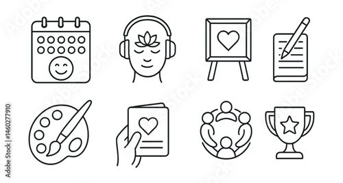 Line style icons of emotional resilience: smile habit tracker, mindfulness audio icon, resilience quote board, journaling time, expression paint set, care gratitude card, positive support ring, daily