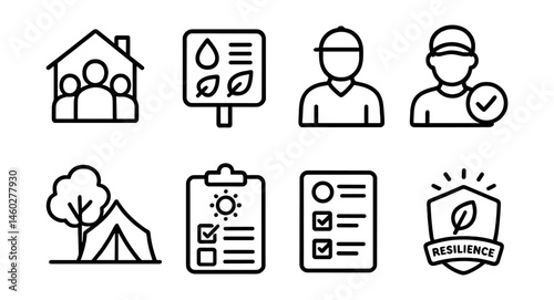 Line style icons of community-based climate response: neighborhood climate committee, local risk board, urban volunteer icon, info tent in park, adaptation action plan, resident feedback form,