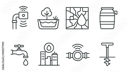 Line style icons of city water system upgrades: overflow alert sensor, green infrastructure basin, updated sewer map, rain capture barrel, treated water tap, city-wide leak monitor, smart flow meter,