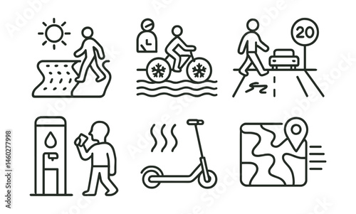 Line style icons of heat-sensitive urban mobility: shaded sidewalk loop, bike lane with cooling surface, early commute icon, slow street redesign, hydration stop at transit, micro-mobility heatboard,