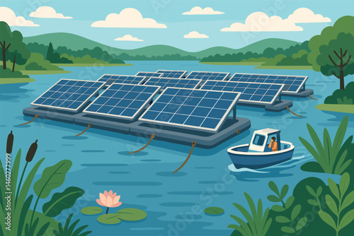 Vector illustration of floating solar farm on a lake with anchored panels, maintenance boat, and surrounding ecosystem