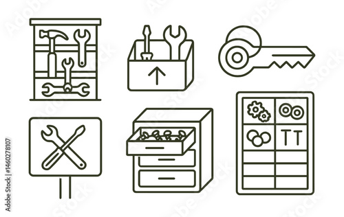 Line style icons of shared repair tools: public tool shelf, lend-and-return box, drill borrowing badge, community toolbox key, fix-it station label, spare screws drawer, screwdriver wall board,