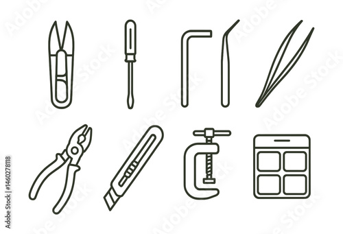Line style icons of tools for small fixes: thread cutter, mini screwdriver, hex key, precision tweezers, pliers icon, utility knife, repair clamp, small parts container.