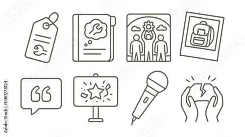 Line style icons of repair-themed storytelling: object history tag, fix story notebook, community tale mural, photo of repaired item, quote board icon, celebration board, repair interview mic,