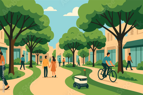 Vector illustration of a car-free downtown district with walking zones, green paths, tree canopies, and small delivery robots