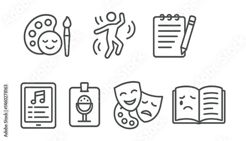 Line style icons of emotional expression practices: paint and emotion palette, dance out feelings icon, creative writing pad, drama mask badge, emotion playlist, open mic card, feelings through color