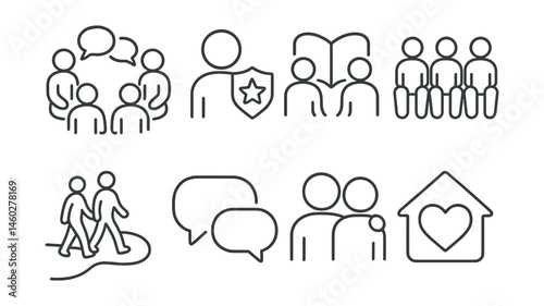 Line style icons of peer support for mental health: peer chat circle, trusted friend badge, shared story icon, support group seats, walk and talk path, open conversation bubble, caring peer symbol,