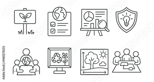 Line style icons of student-led green projects: school garden sign, climate quiz board, waste audit chart, energy patrol badge, eco club meeting icon, recycled art display, nature mural plan, team