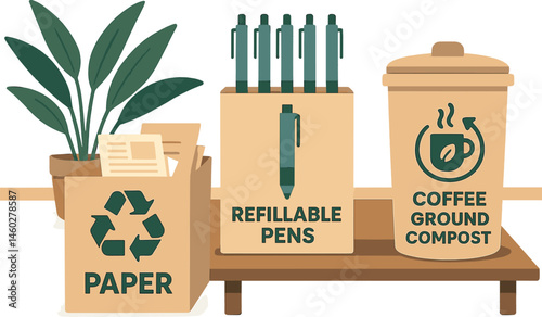 Vector illustration of eco-conscious office with paper recycling box, refillable pen station, and coffee ground compost container