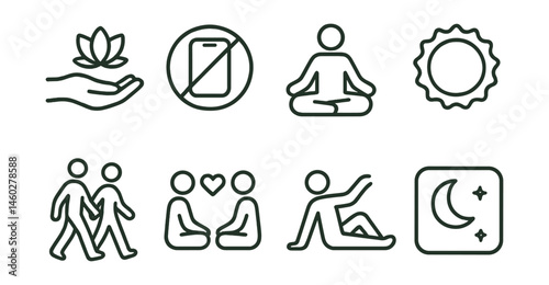 Line style icons of slow and present parenting: mindful moment hand, tech-free time symbol, sit-on-the-floor icon, day without hurry badge, long walk pair, shared silence sign, playful pause symbol,