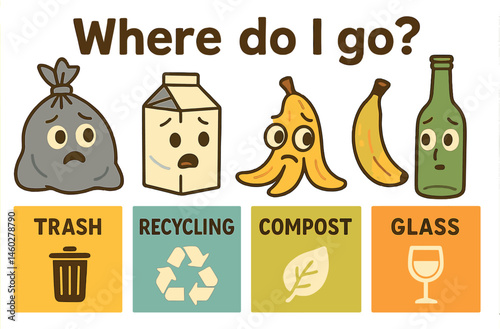 Vector illustration of educational classroom poster showing cartoon waste items asking “Where do I go?” near sorting icons
