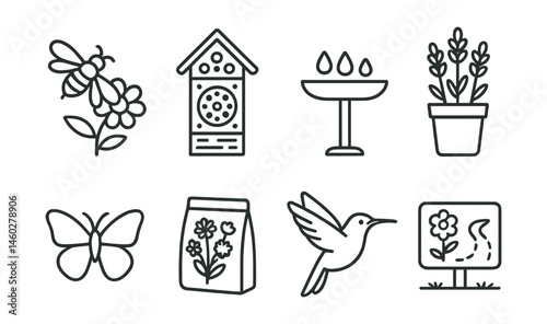 Line style icons of urban pollinator gardens: bee-friendly flower icon, insect hotel, small nectar tray, lavender pot, butterfly visit symbol, wildflower mix packet, hummingbird icon, pollinator path