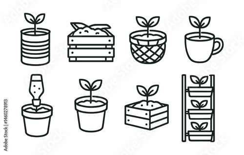 Line style icons of DIY container gardening: repurposed tin planter, crate with soil, woven basket pot, ceramic cup with seedling, self-watering bottle insert, reused plastic pot, painted wooden box,