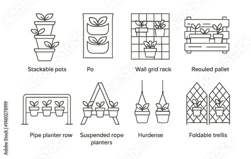 Line style icons of balcony vertical garden setups: stackable pots, pocket fabric planter, wall grid rack, recycled pallet shelf, pipe planter row, triangle support frame, suspended rope planters,