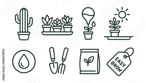 Line style icons of low-maintenance greenery: cactus icon, succulent trio tray, automatic waterer, sunny shelf symbol, low-water pot label, no-fuss tools icon, minimal soil pouch, “easy grow” tag.