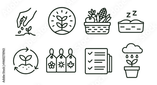 Line style icons of seasonal planting rhythm: spring seeding icon, summer growth badge, autumn harvest basket, winter resting bed, plant rotation chart, seasonal tags pack, monthly care checklist,