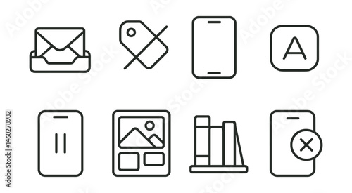 Line style icons of minimal digital content: single newsletter inbox, unsubscribed tag, zero scroll feed, only-useful app badge, paused social feed, curated media set, digital bookshelf icon, stop