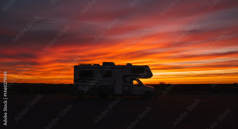 Fototapeta premium Recreational Vehicle Silhouette Against An Energetic Sunset Sky During Travel