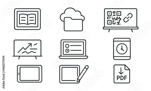Line style icons of digital-first learning habits: e-textbook screen, cloud homework folder, class QR link board, online test mode, digital whiteboard app, tablet with stylus icon, screen-time timer,