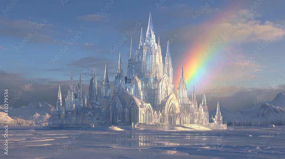 Fototapeta premium Majestic Ice Castle Shimmers under a Rainbow in a Winter Landscape