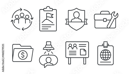 Line style icons of youth as climate leaders: decision circle symbol, youth action plan, school rep badge, campaign toolkit, project funding file, speech bubble with spotlight, student forum board,