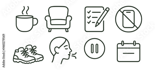 Line style icons of slow living habits: slow morning tea, unhurried reading chair, handwritten to-do list, phone-free hour, nature walk shoes, deep breath icon, pause button symbol, minimal day