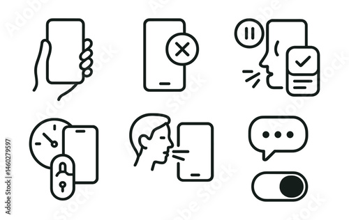 Line style icons of mindful phone use: hold with purpose icon, no-scroll badge, scroll break timer, pause before tap card, breathe before open icon, mindful reply bubble, unlock with intention, focus