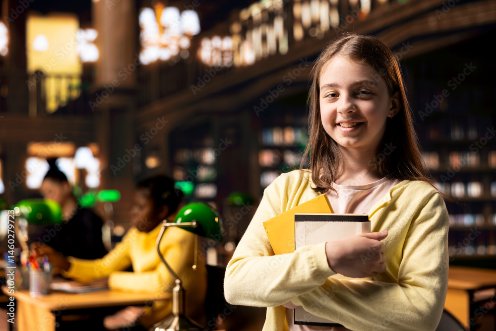 Portrait of preteen schoolgirl carries her textbooks in the library, finishing an important school assignment after her classes. Young scholar dies homework with ambition and diligence.