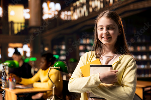 Obraz na płótnie Portrait of preteen schoolgirl carries her textbooks in the library, finishing an important school assignment after her classes. Young scholar dies homework with ambition and diligence. w salonie