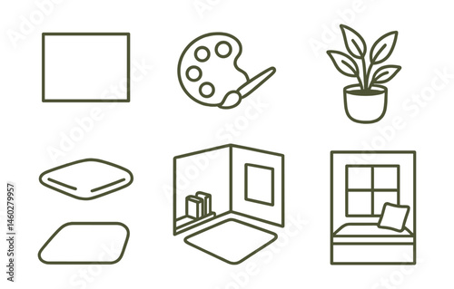 Line style icons of calm school environments: neutral wall icon, soft tone palette, light wood surface, plant as visual rest, quiet space mat, corner rug zone, less is more poster, window view seat.