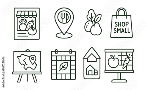 Line style icons of local and seasonal choices: farmers market flyer, eat near you icon, seasonal fruits tag, shop small bag, produce map board, local harvest calendar, campus co-op poster, food