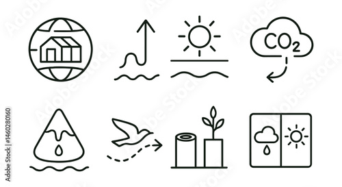 Line style icons of simple climate science: greenhouse in globe, trapped heat arrow, sun + atmosphere line, CO2 bubble path, melting icecap symbol, animal migration trail, tree cut vs planted chart,