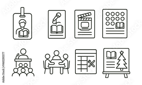 Line style icons of events in the library: author visit badge, poetry reading poster, movie night flyer, reading challenge tracker, public lecture icon, group discussion table, maker session schedule