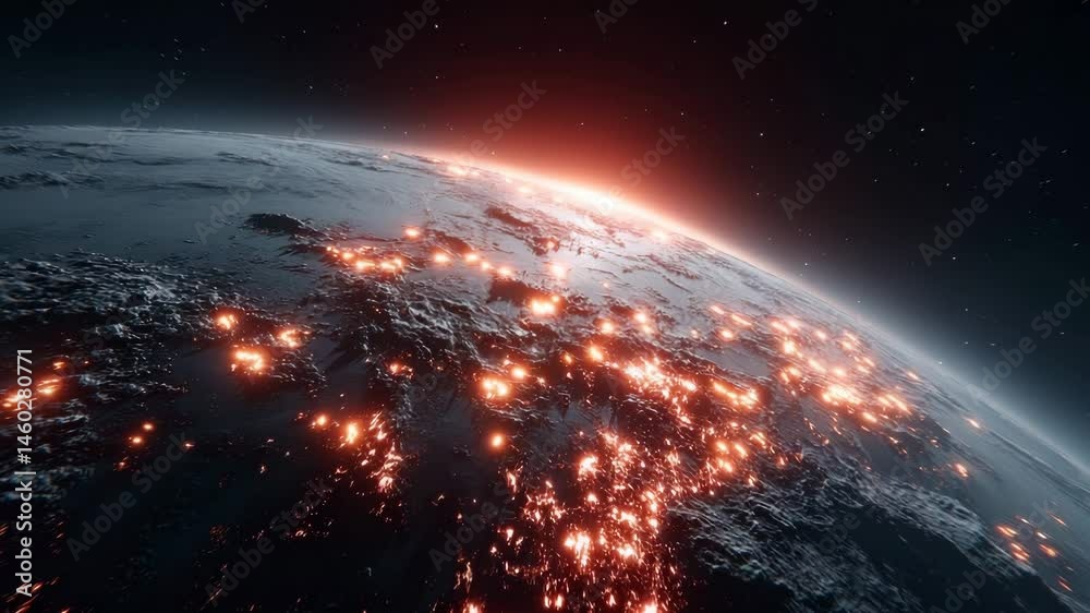 View of Earth from orbit with red glowing hotspots across surface and bright sunrise over horizon, space in background. Concept of global network or crisis monitoring