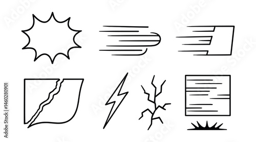 Line style icons of visual comic effects: POW burst, BANG outline, motion blur lines, speed streaks icon, page tear effect, crackle symbol, impact shadow block, glitch panel distortion.
