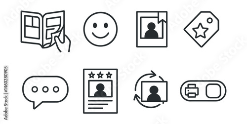 Line style icons of comic reader experience: page-turning motion, reaction emoji, favorite panel bookmark, reread star tag, comment thread icon, fan review sheet, share panel card, print or digital