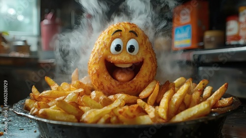 Crispy, golden potato smiles cheerfully atop a pile of freshly fried French fries, steam rising around the hot food on a transparent background, PNG image, PNG file.