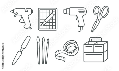 Line style icons of cosplay crafting tools: hot glue gun, cutting mat and blade, heat gun icon, fabric scissors, foam shaping tool, paintbrush set, measuring tape loop, craft bin organizer.