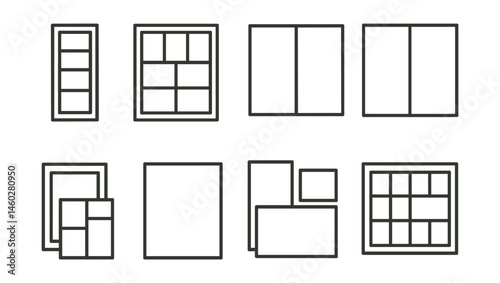 Line style icons of comic layout variations: vertical scroll layout, classic 9-panel grid, double-page spread, splash page icon, insets and overlays, full bleed panel, asymmetrical frame map, rhythm
