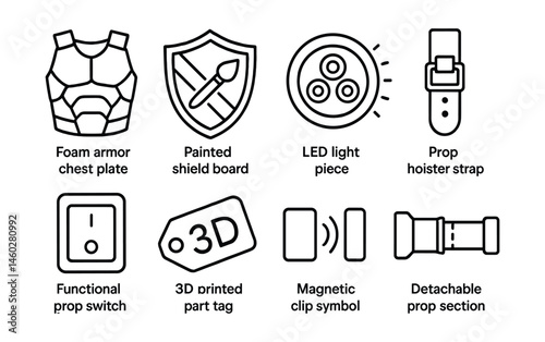 Line style icons of cosplay props and gear: foam armor chest plate, painted shield board, LED light piece, prop holster strap, functional prop switch, 3D printed part tag, magnetic clip symbol,