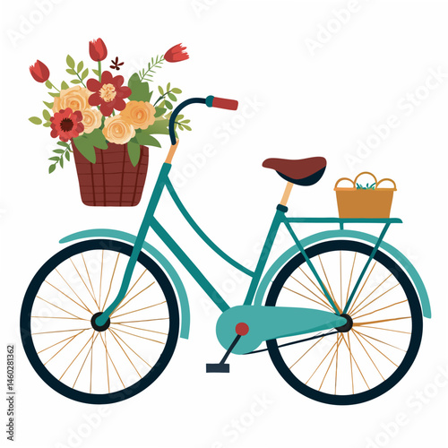 Blue bicycle with a basket of colorful flowers on the front. Spring,summer travel, cycling. Women's city bike.  Isolated vector illustration on white background. Side view