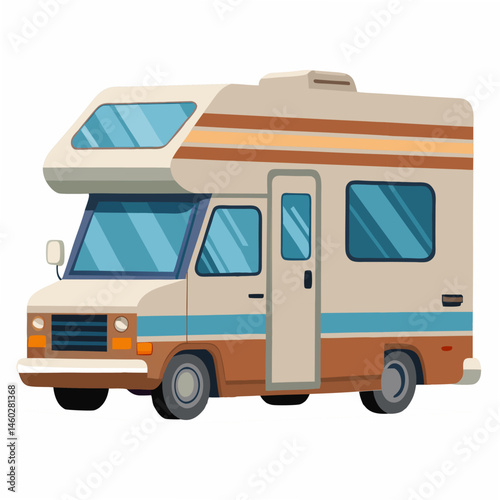 Modern camper van. Comfortable motorhome. Recreational vehicle camping. Vector illustration isolated on white background. Side view.