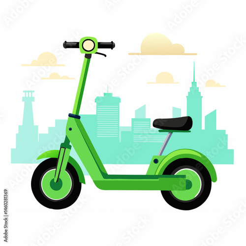 Electric green scooter.Ecological  transport. Symbolizing eco friendly transport, urban mobility and sustainable travel. Vector illustration isolated on background of the city.