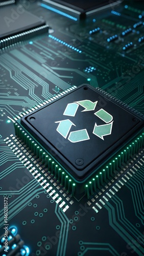 A recycle symbol on a computer chip, representing electronic waste recycling. The image showcases the importance of sustainable technology.