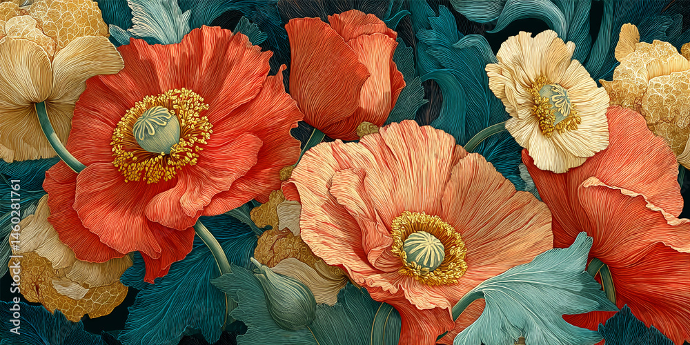custom made wallpaper toronto digitalClose-up of orange and peach poppies, detailed texture, dark green leaves background, showcasing floral beauty and elegance, ideal for design or decor